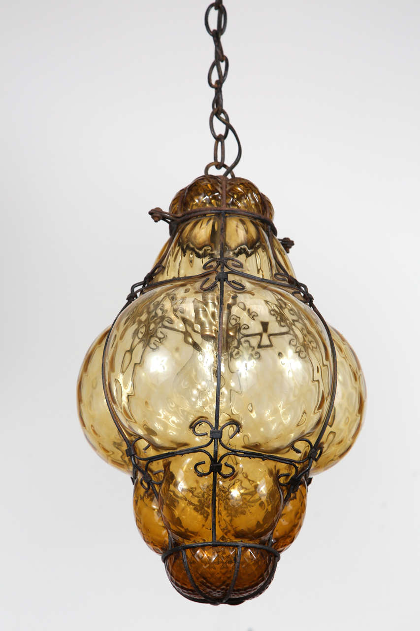 Vintage Hand-blown Seguso Murano Amber Glass Cage Pendant Light 1