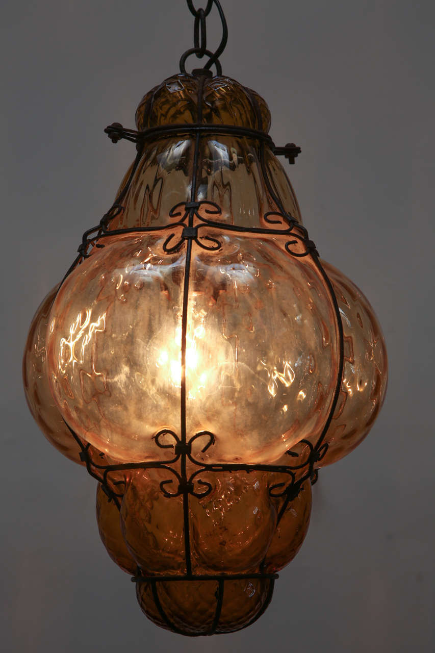 Vintage Handblown Seguso Murano Amber Glass Cage Pendant Light at
