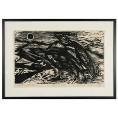 Mid-Century Raven Woodblock | "Searching Birds" by William Grusendorf