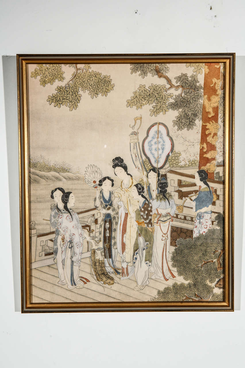 Beautiful Japanese painting of a scene of women with intricate landscape detail.