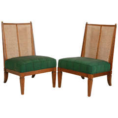 Pair of Cane Slipper Chairs in Green African Fabric