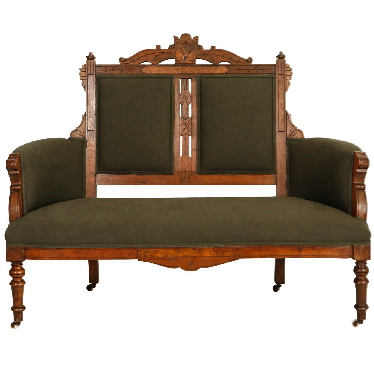 Carved Edwardian Settee in Army Green Canvas
