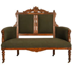 Antique Carved Edwardian Settee in Army Green Canvas