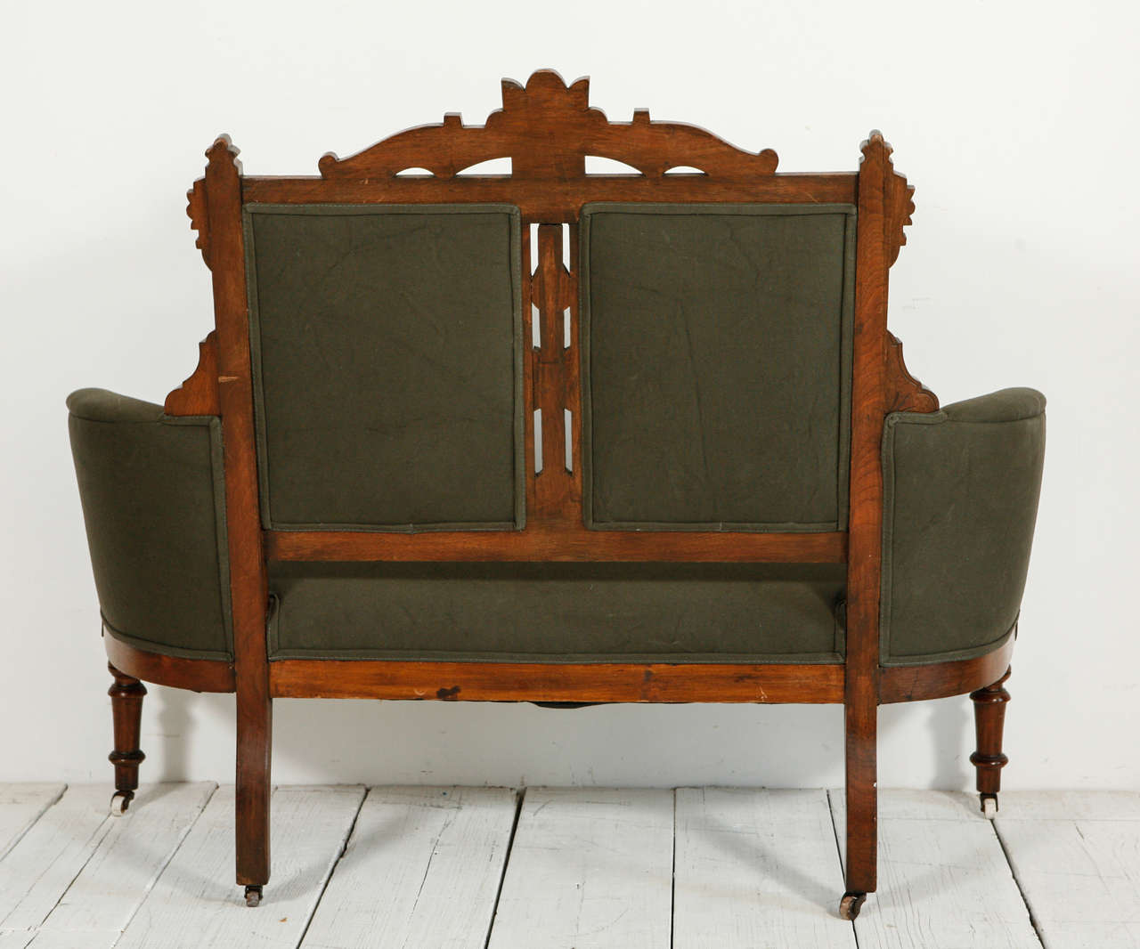 Carved Edwardian Settee in Army Green Canvas 3