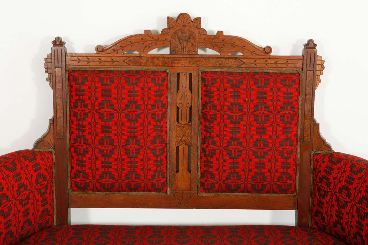 American Edwardian Settee in Vintage Red African Fabric