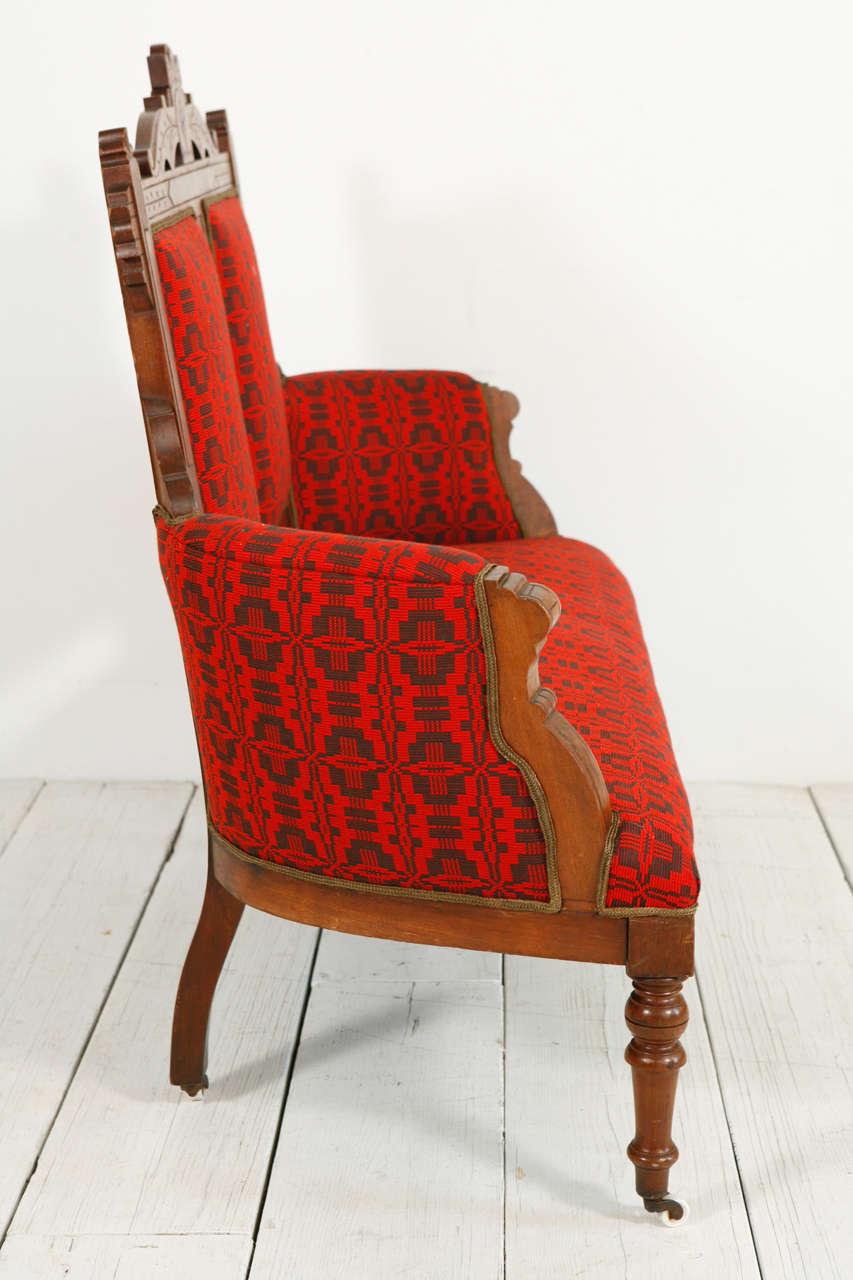 Edwardian Settee in Vintage Red African Fabric 2
