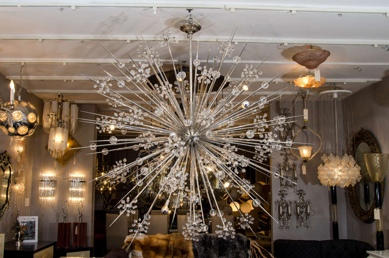 Huge custom crystal starburst Sputnik chandelier, with spikes in polished nickel finish. Customization available in different sizes and finish.