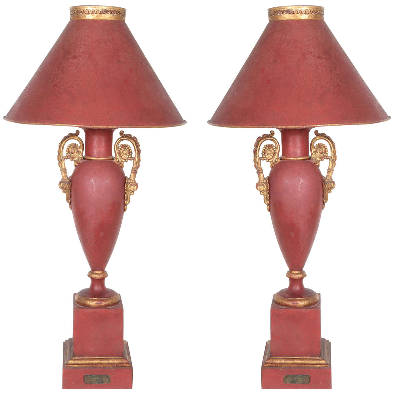 Pair of 19th-Century Metal Louis-Philippe Lamps with Original Matching Shades