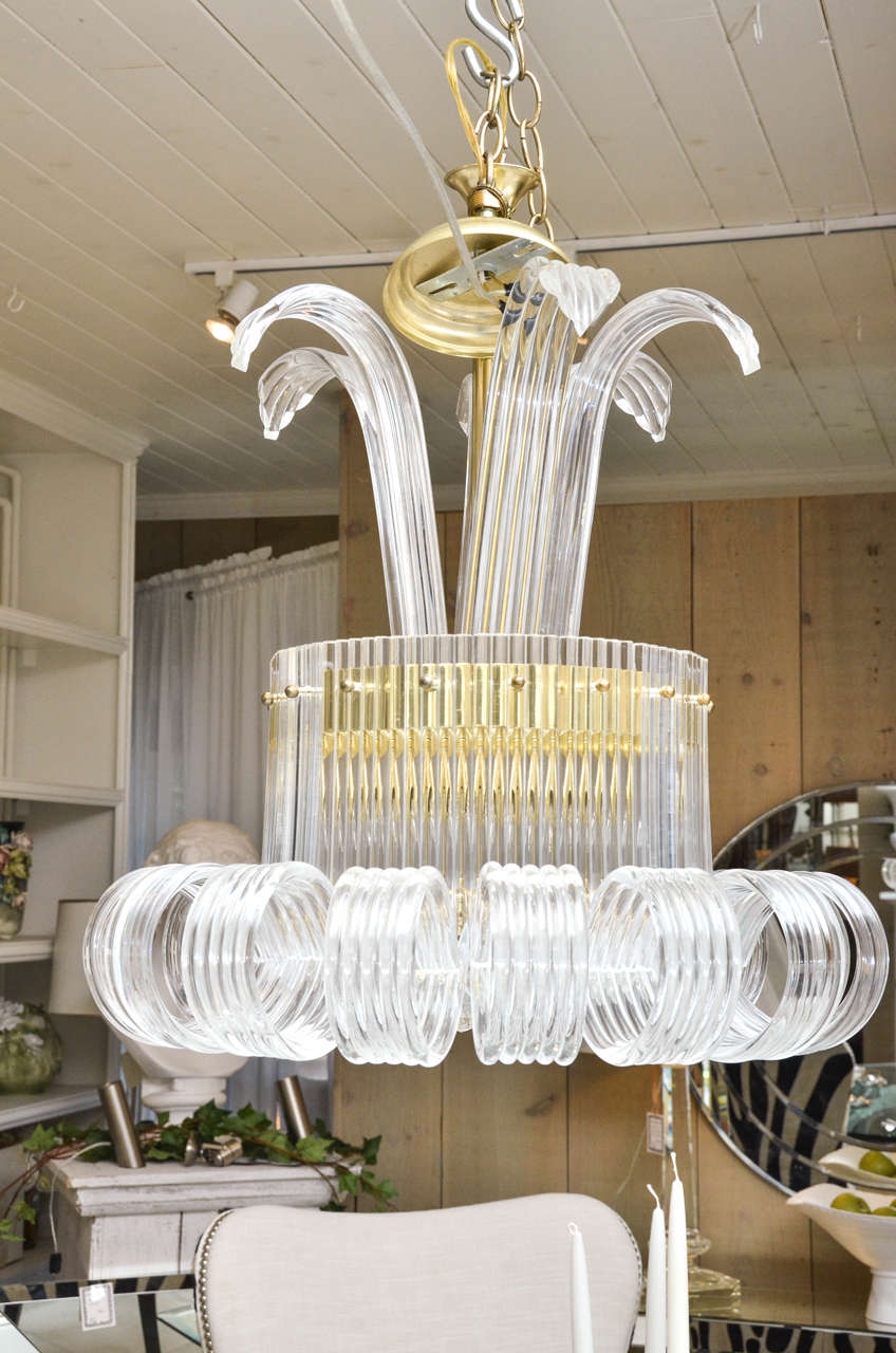 Unusual Vintage Lucite Chandelier with Brass Trim