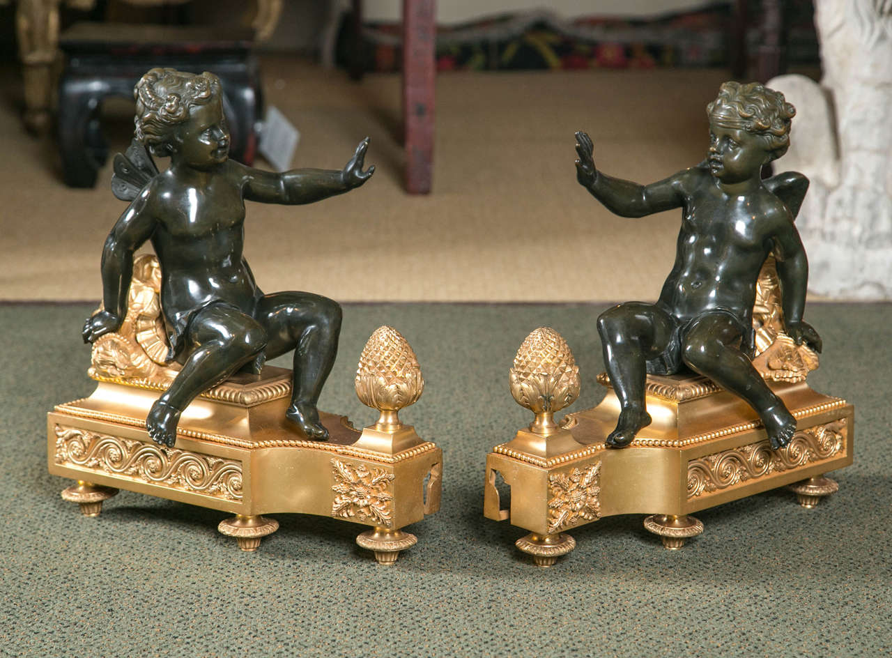 A monumental size and quality, magnificent pair of d'ore and patinated bronze French chenets depicting cupids.