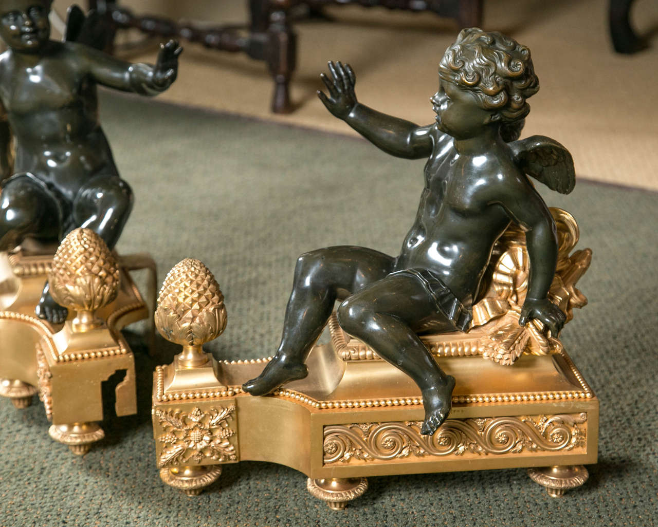 French Monumental Size Pair of D'ore and Bronze Chenets For Sale