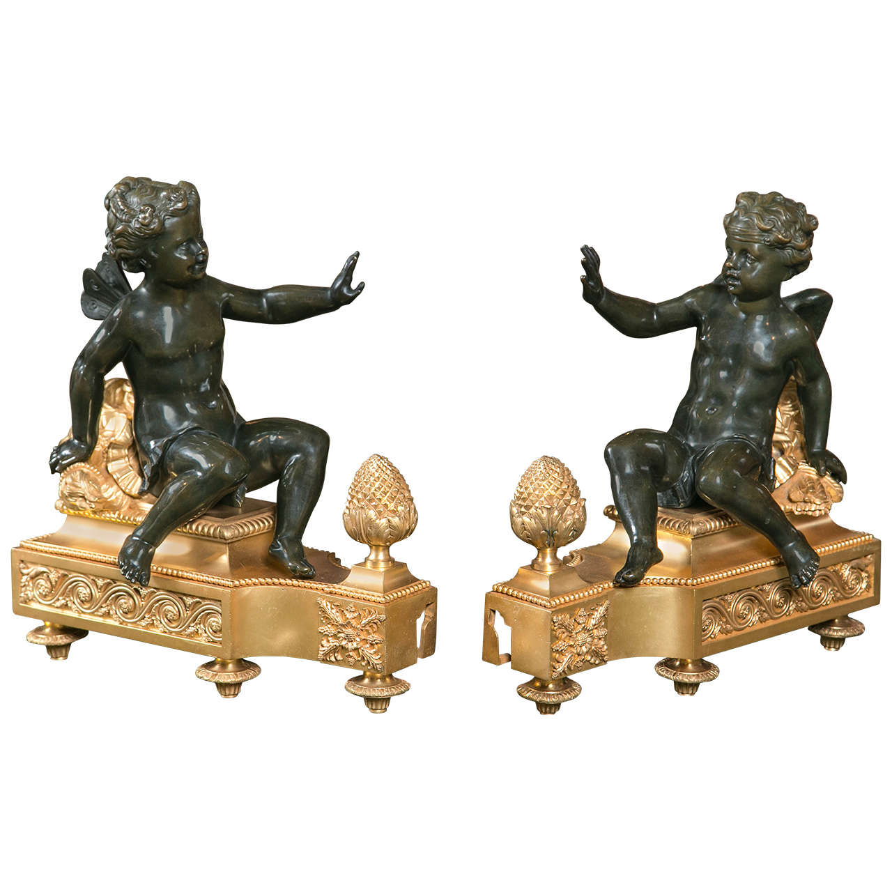 Monumental Size Pair of D'ore and Bronze Chenets For Sale
