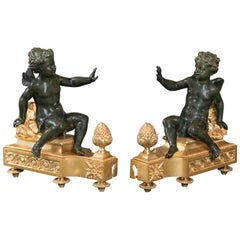 Antique Monumental Size Pair of D'ore and Bronze Chenets
