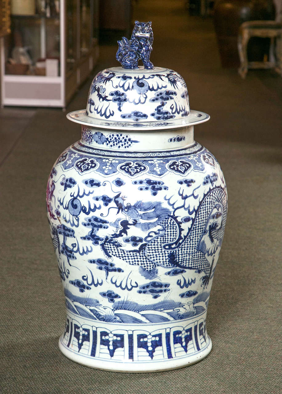 A blue and white palace size lidded urn with classic dragon pattern and seated Foo dog on top of the lid.