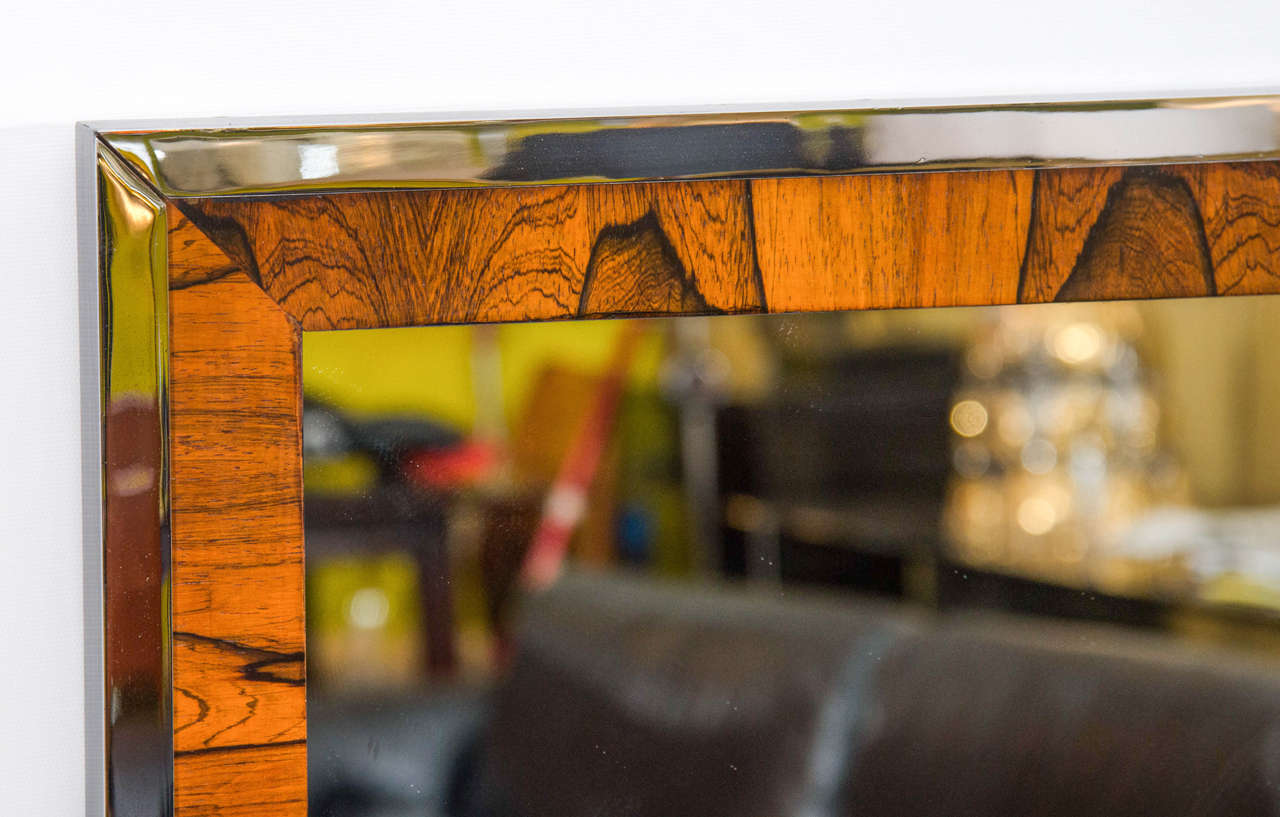 Late 20th Century Rosewood and Chrome Wall Mirror in the Manner of Milo Baughman