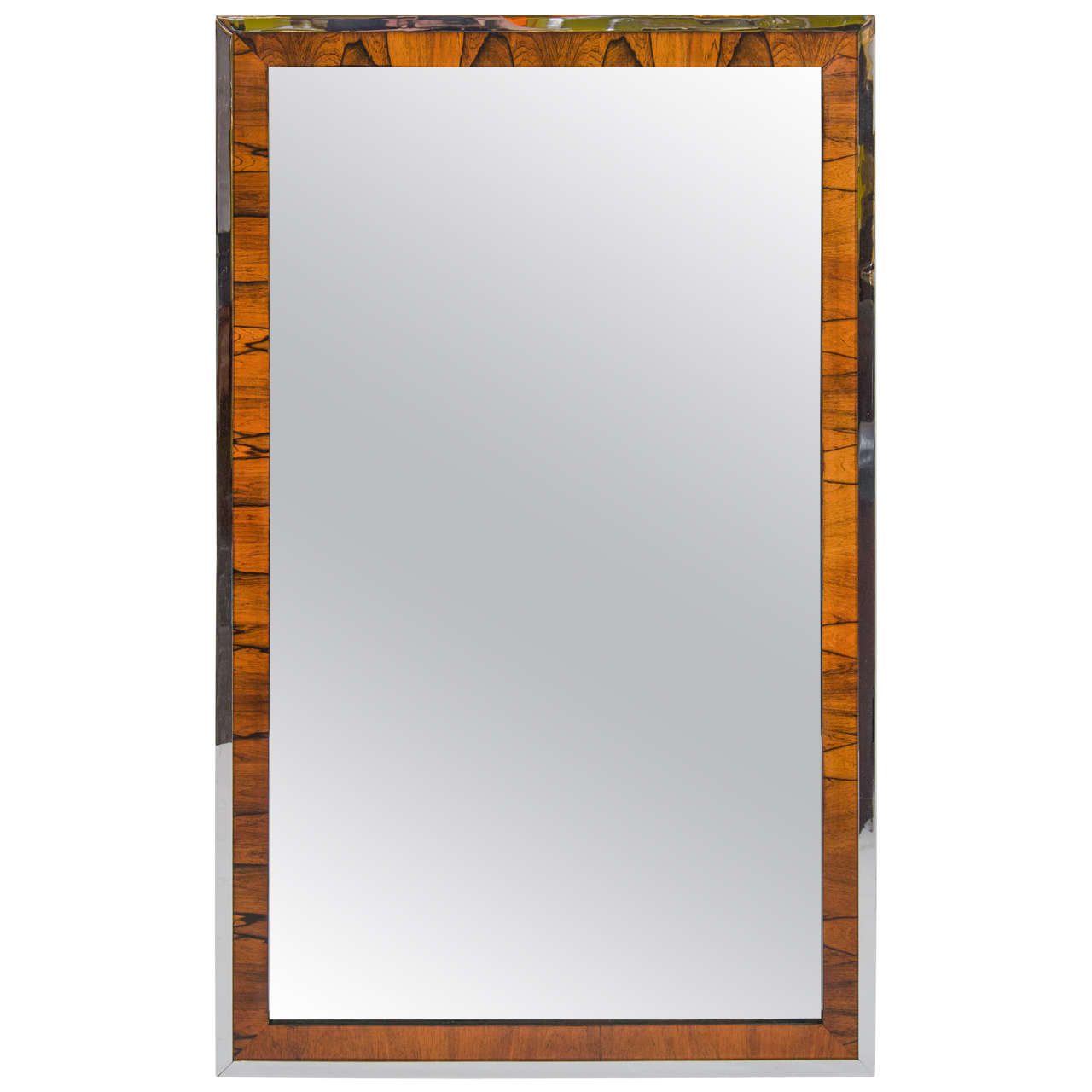 Rosewood and Chrome Wall Mirror in the Manner of Milo Baughman
