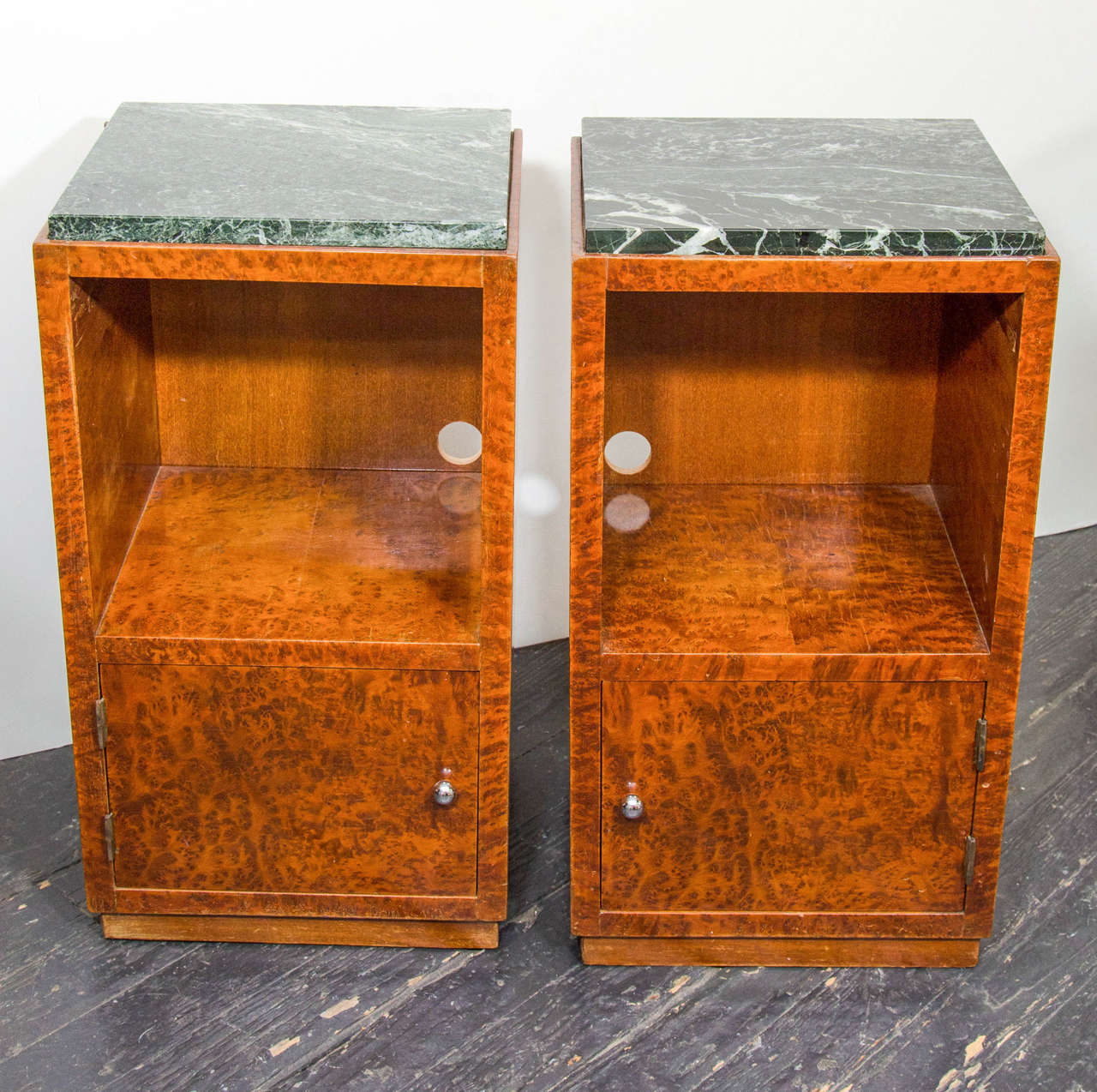 Handsome pair of olive burl nightstands, topped with green marble. Please contact for location.