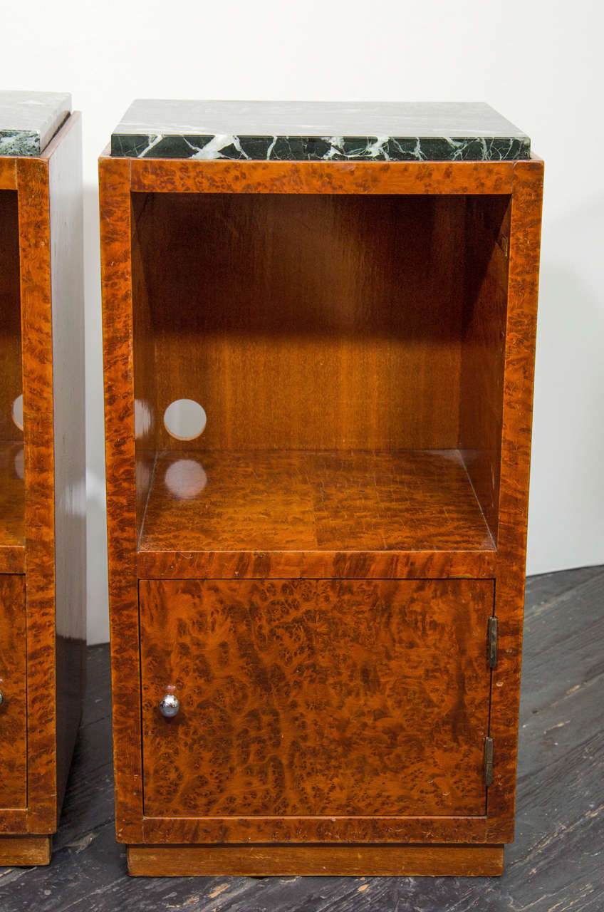 Mid-20th Century Pair of Olive Burl and Marble French Night Stands