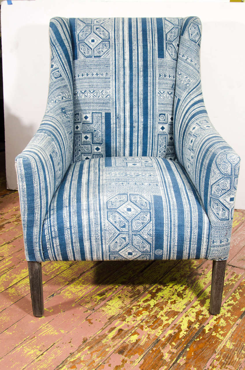 Indian dhurrie upholstered blue and white chair.