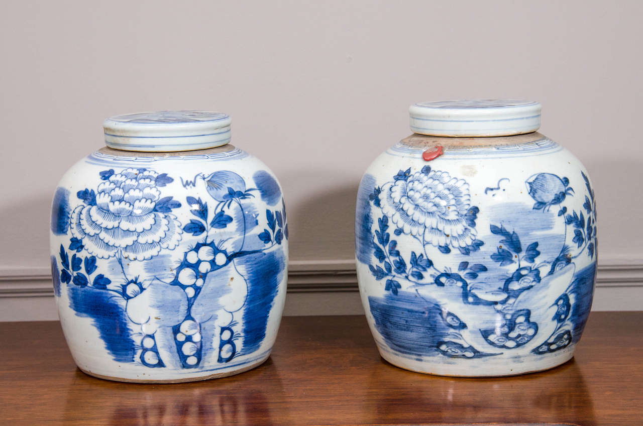 Pair of Blue and White Covered Porcelain Jars