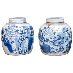 Pair of Blue and White Covered Porcelain Jars