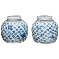 Pair of Blue and White Covered Porcelain Jars