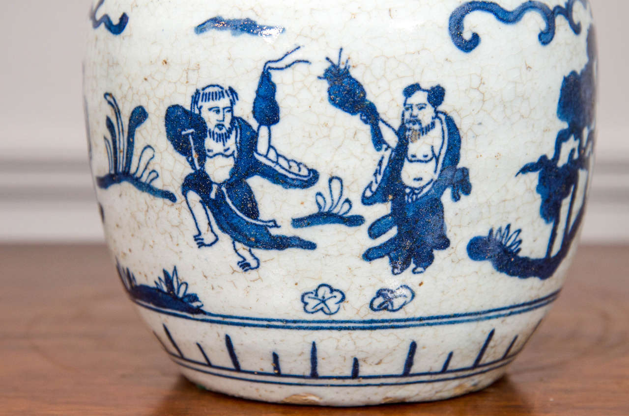20th Century Single Chinese Blue and White Porcelain Jar Decorated with Figures