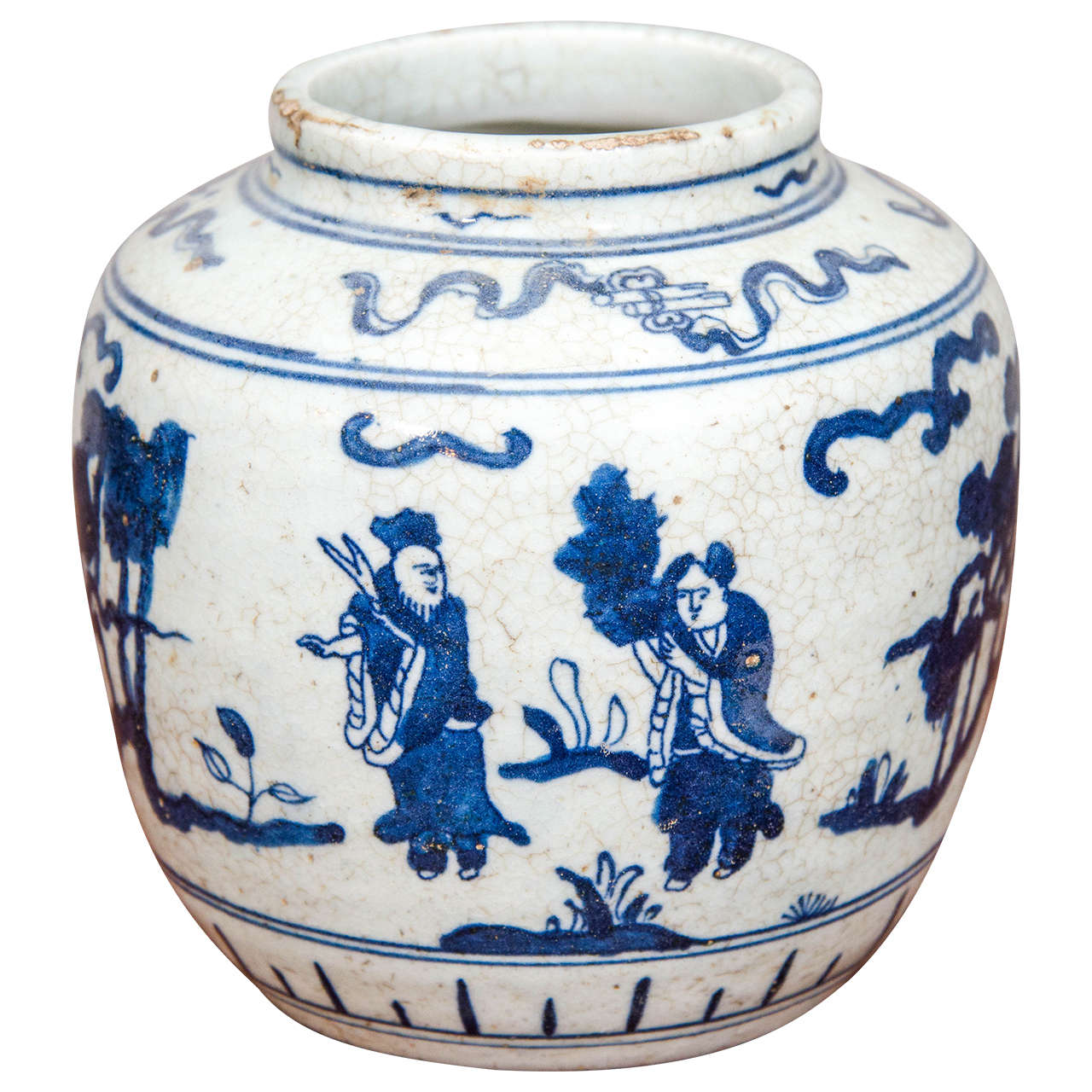 Single Chinese Blue and White Porcelain Jar Decorated with Figures