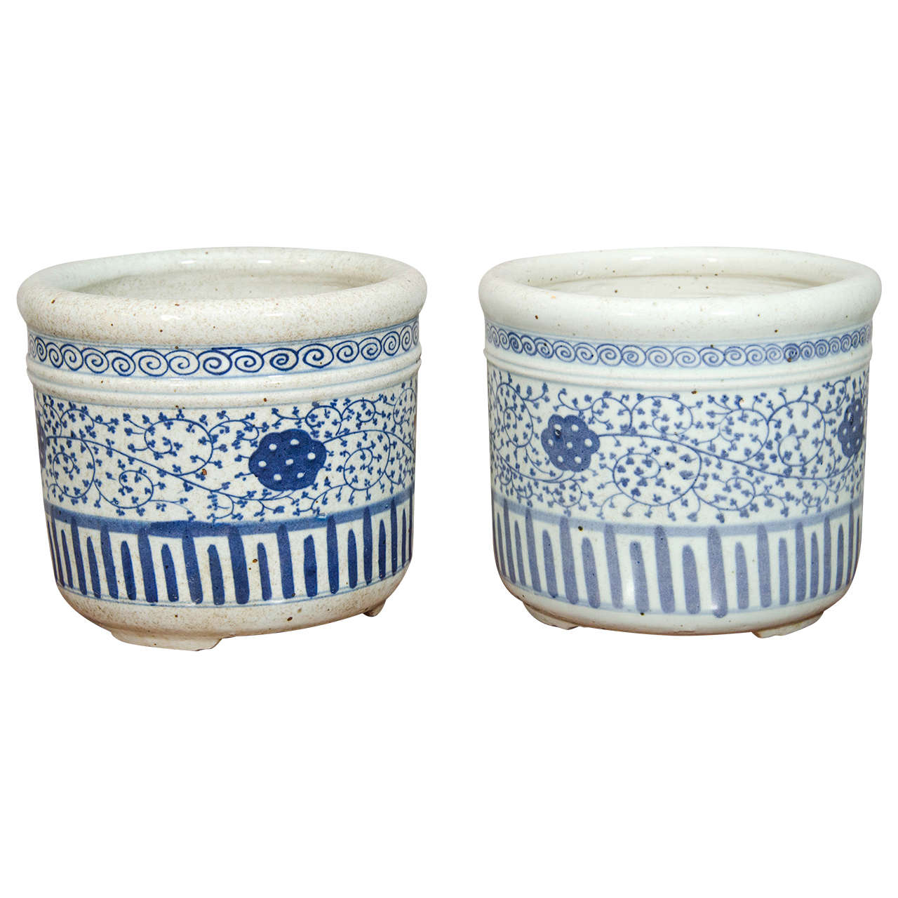 Pair of Blue and White Porcelain Pots For Sale at 1stdibs