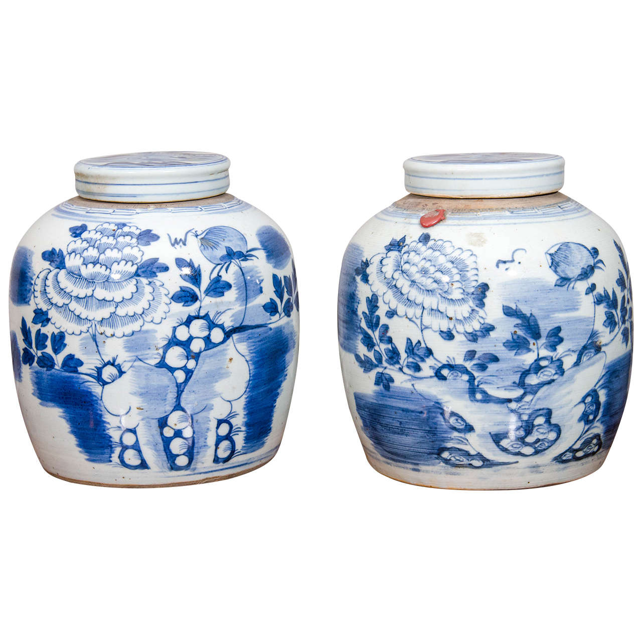 Pair of Blue and White Covered Porcelain Jars at 1stDibs