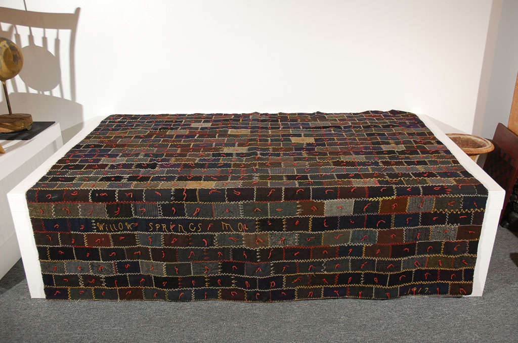 EARLY SIGNED & DATED 1917 WILLOW SPRINGS, MO. WOOL SUITING QUILT