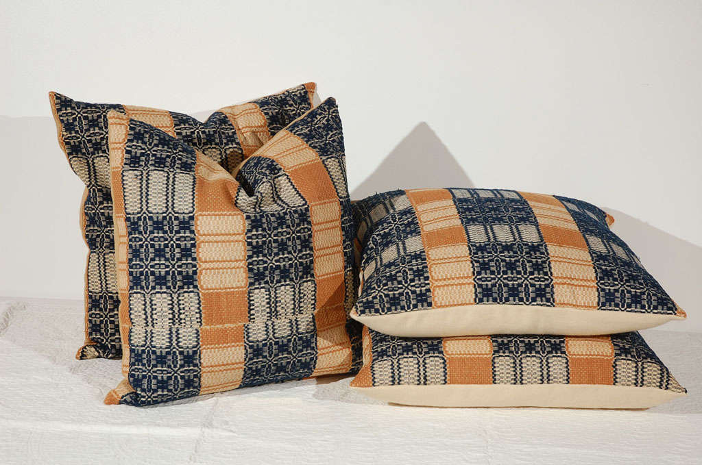 19th Century Blue & Tan Woven Coverlet Pillows with Linen Backing