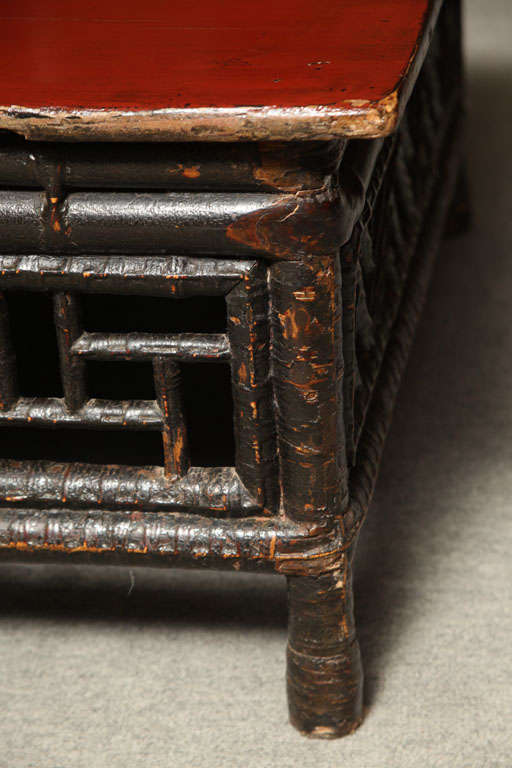 Small 19th Century Chinese Bamboo with Red Lacquered Top Coffee Table 1