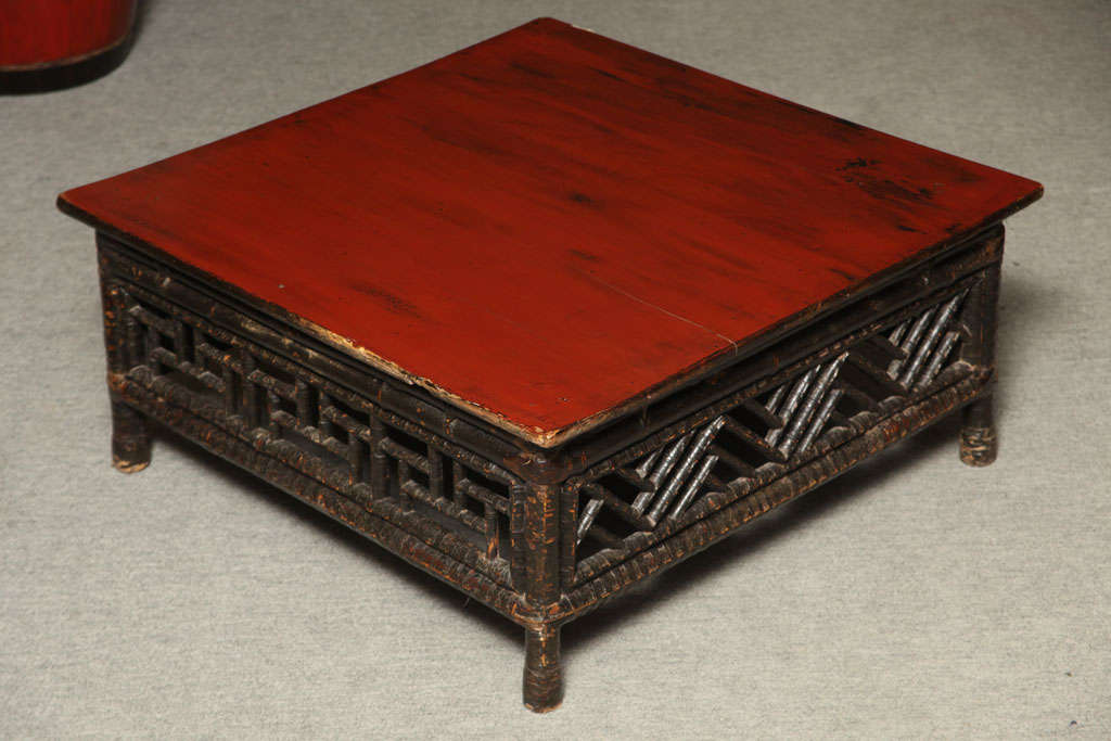 Small 19th Century Chinese Bamboo with Red Lacquered Top Coffee Table 4