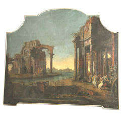 A  LARGE CAPRICCIO WITH RUINS AND FIGURES. ITALIAN, 18th CENTURY