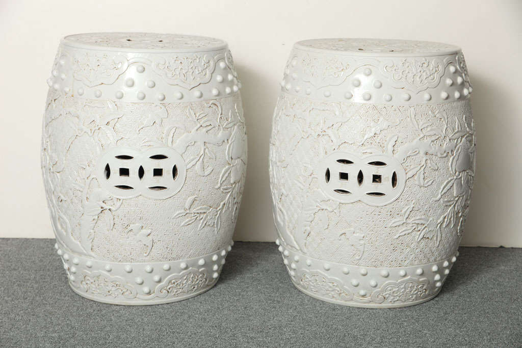A PAIR OF WHITE PORCELAIN GARDEN SEATS. CHINESE, C. 1950