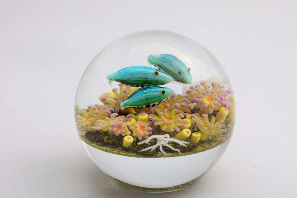 A fine Cathy Richardson paperweight with three rainbow fish swimming over a coral ground