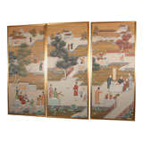 SET OF  3  CHINESE  HAND PAINTED  FRAMED WALL PAPER PANELS