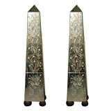 MONUMENTAL 6 FOOT  PAIR OF ETCHED MIRRORED OBELISKS