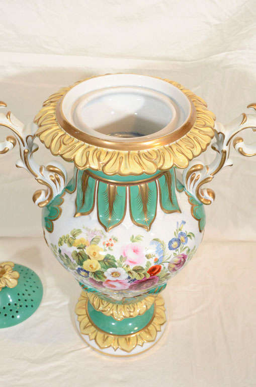 High Victorian Large Victorian Green Covered Vase Painted with Flowers Made England circa 1880