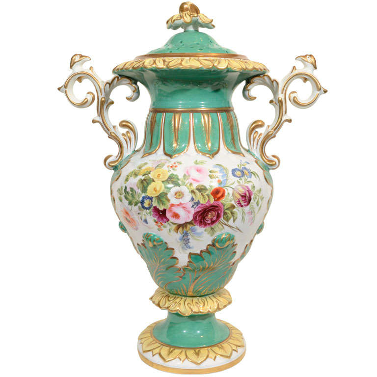 Large Victorian Green Covered Vase Painted with Flowers Made England circa 1880
