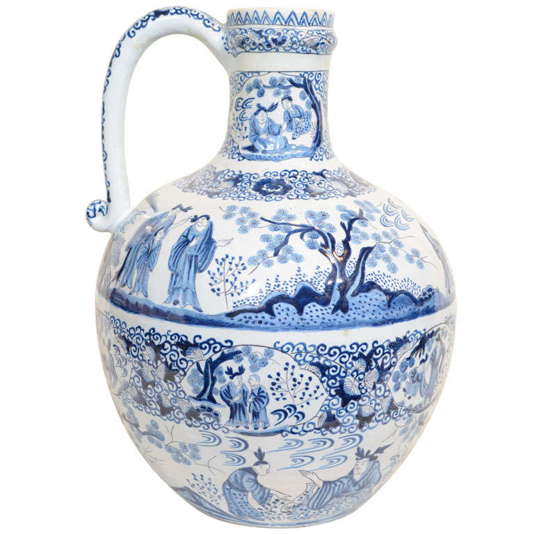 A Large Blue and White Dutch Delft Jug