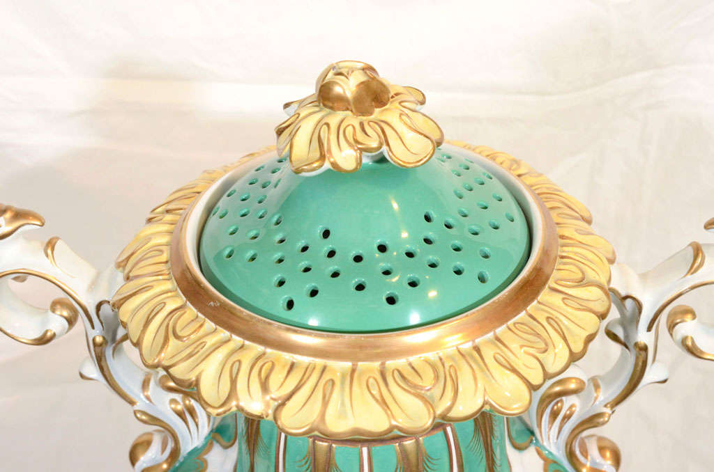 Large Victorian Green Covered Vase Painted with Flowers Made England