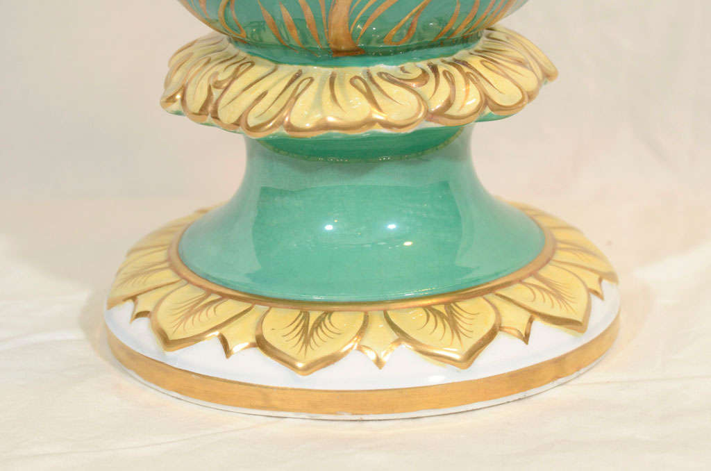 Large Victorian Green Covered Vase Painted with Flowers Made England