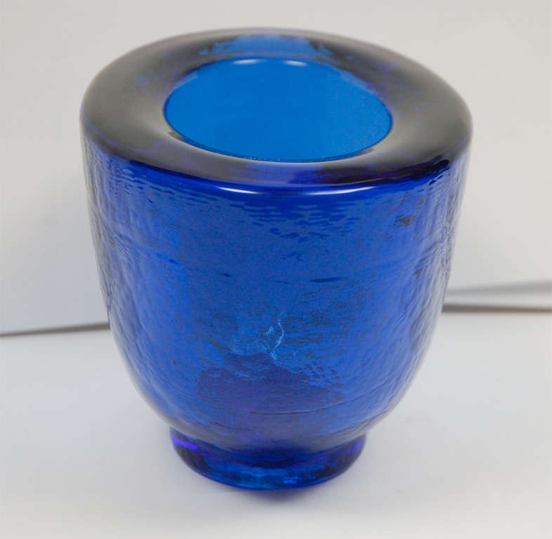 American Uniquely Textured Blue Glass Bowl by George Bucquet