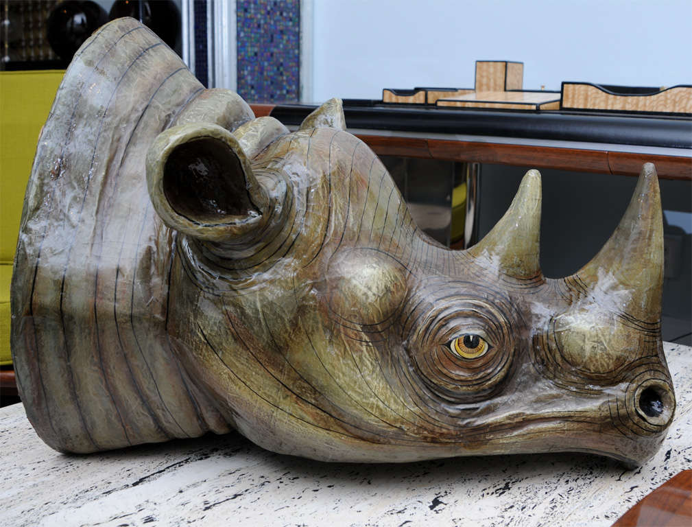 Sergio Bustamante Wall Hung Rhino Head In Excellent Condition For Sale In Hollywood, FL