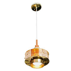 Sleek Swedish Stepped Brass Glass and Teak Pendant