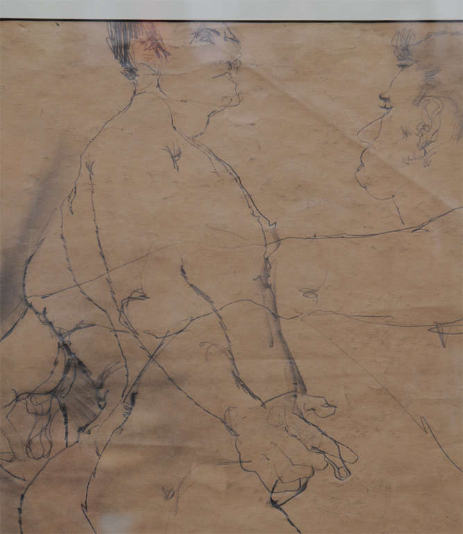 Striking in a gilt ogee Hansen Juhl frame, this male nude study in pencil on rough brown paper by Dorie King features a figure from the back & side with a bust study in the upper right.  Unsigned.  Matted and under glass in a Hansen Juhl frame.
For