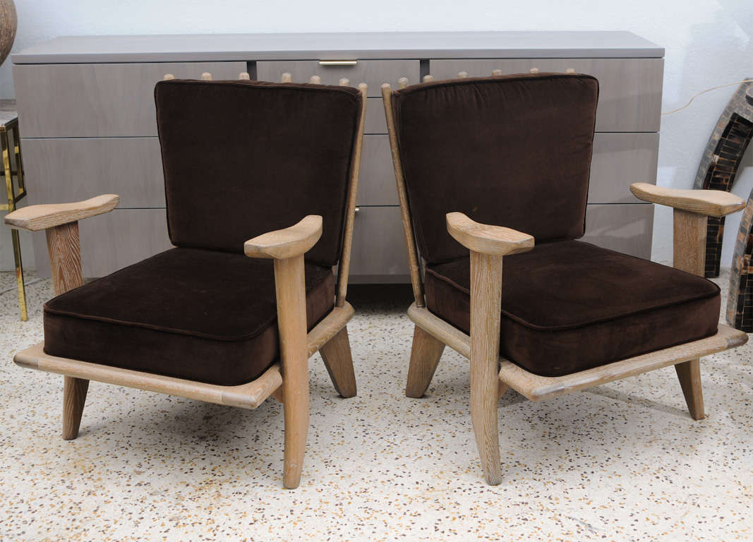 French Pair of Cerused Oak Armchairs by Guillerme Et Chambron