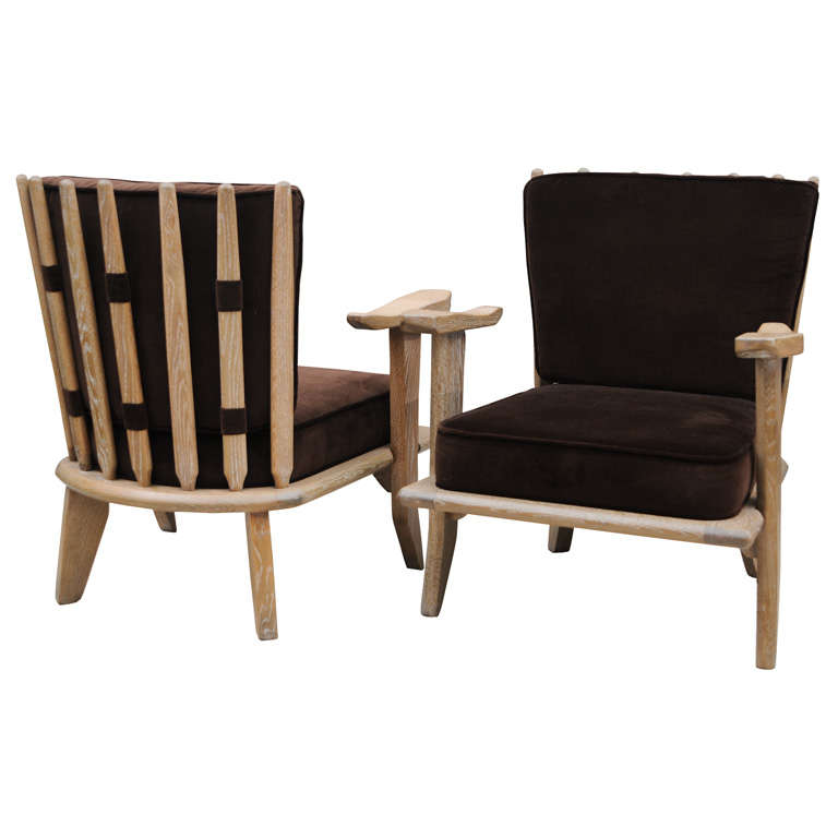 Pair of Cerused Oak Armchairs by Guillerme Et Chambron